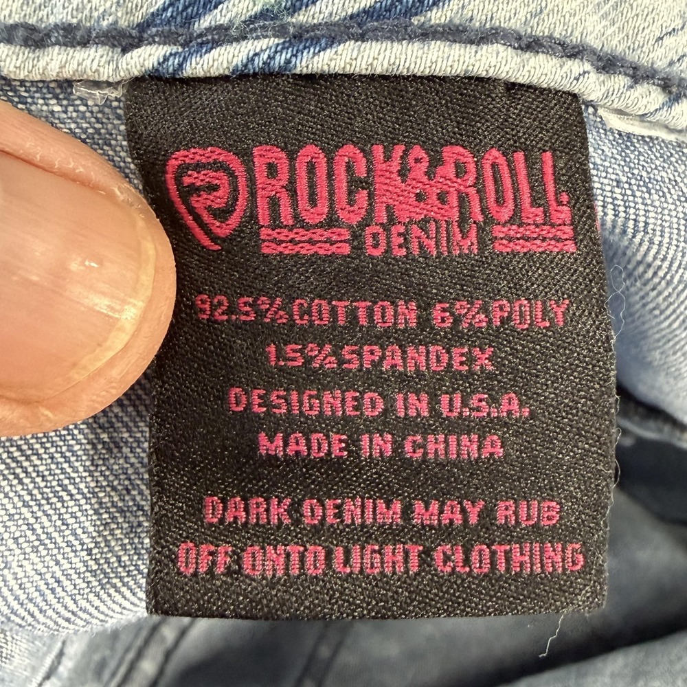 Rock & Roll Denim Bargain Button Bell Flare Jeans Womens 27x36 Blue Geometric - Picture 14 of 15